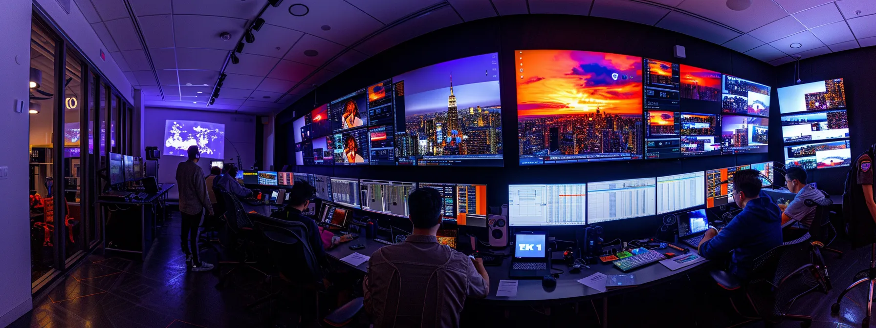 a team of it professionals strategizing in a high-tech command center with multiple screens displaying network performance data and disaster recovery protocols.