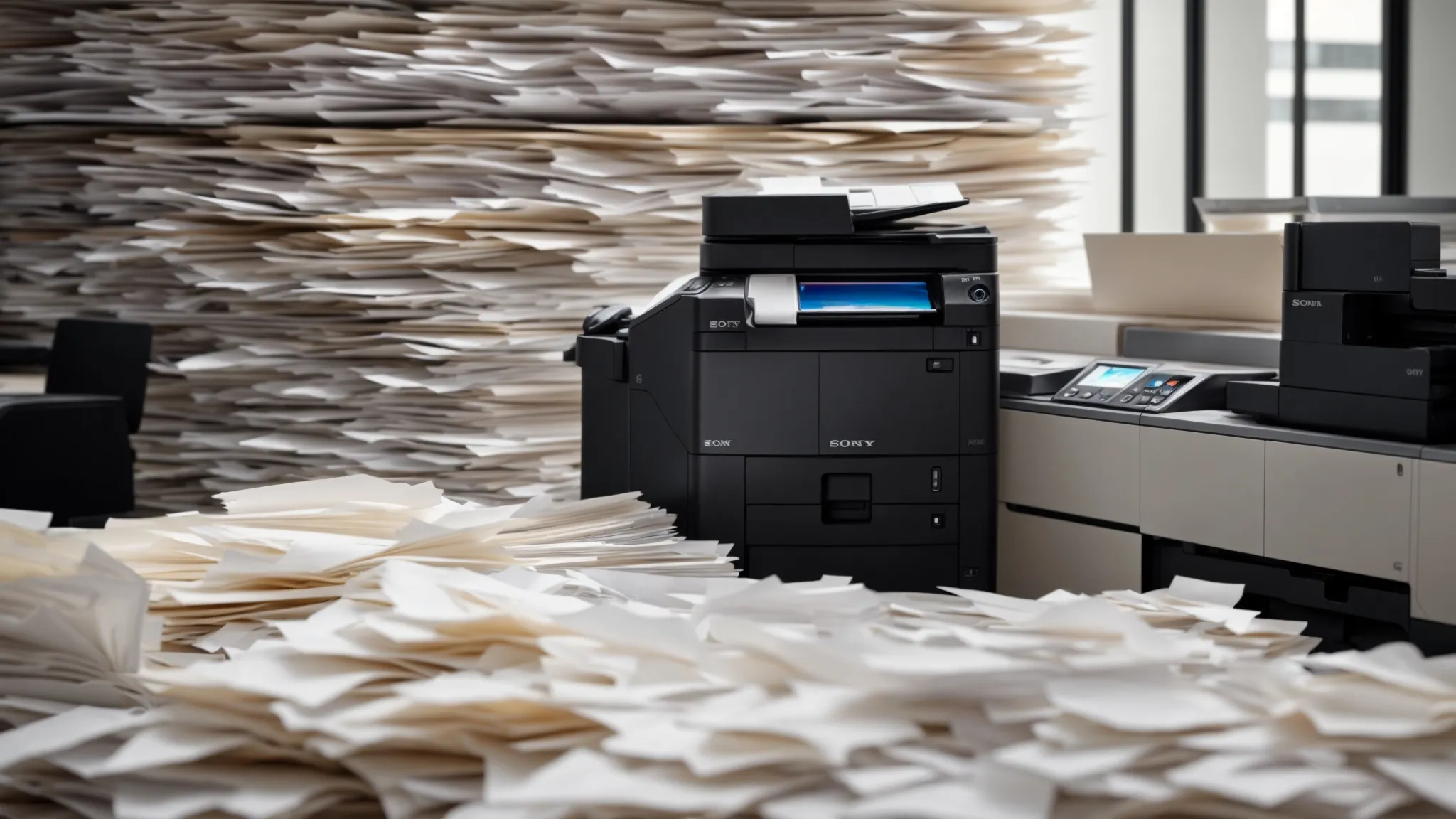 Enhance Your Ricoh Copier's Efficiency: Essential Maintenance Strategies 12 a technician swiftly clearing a paper jam in a high-speed ricoh copier, surrounded by neatly stacked paper reams and a sleek, modern office backdrop.