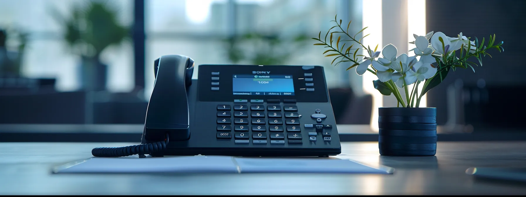 Choosing the Right Cloud-Based Phone System for Your Small Business 11 a sleek, modern office desk with a high-tech cloud-based phone system, showcasing features like a dial pad and interactive voice response, symbolizing efficiency and adaptability for small businesses.