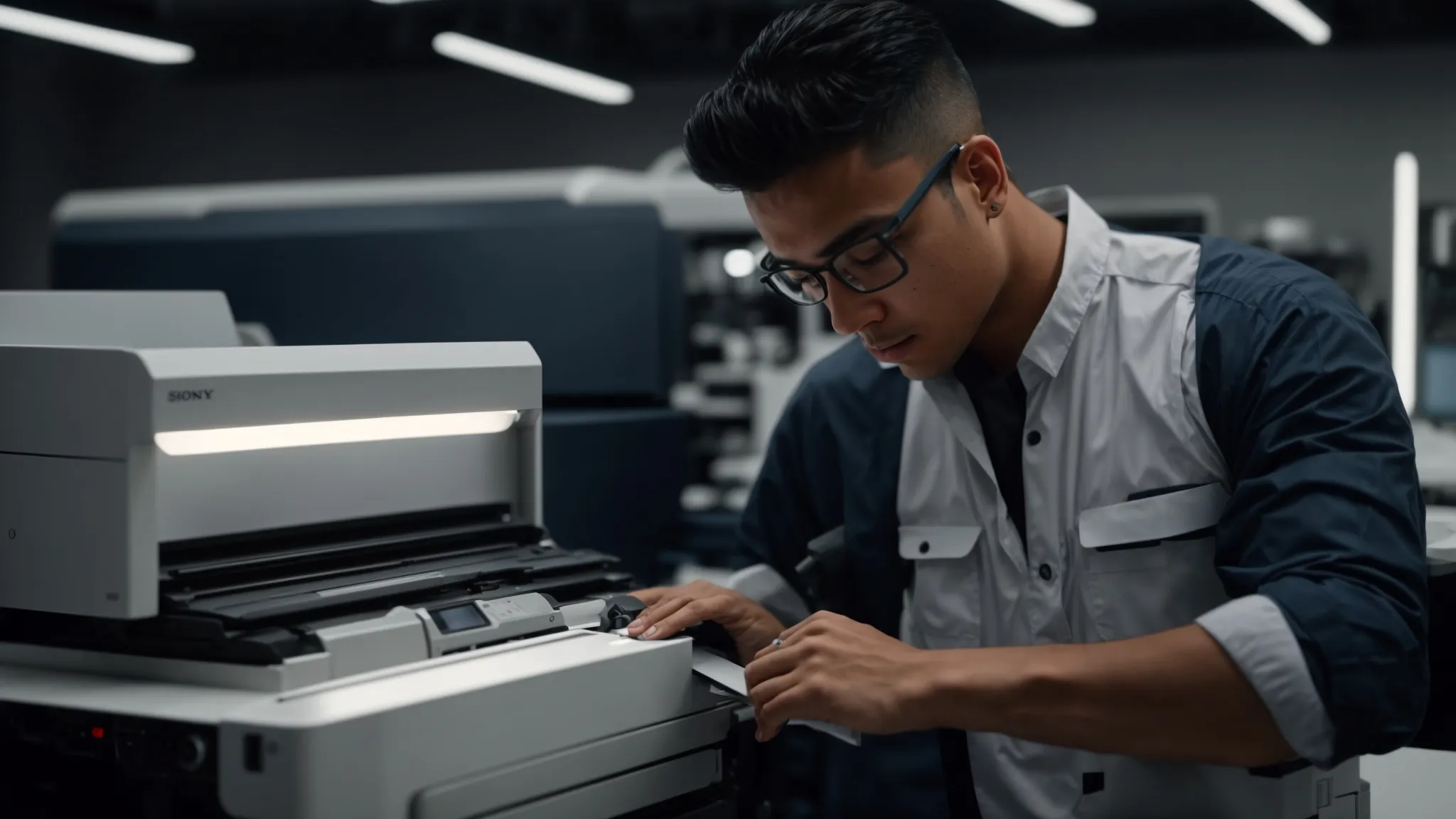 a technician diligently repairing a high-tech photocopier machine in a sleek, modern office setting.
