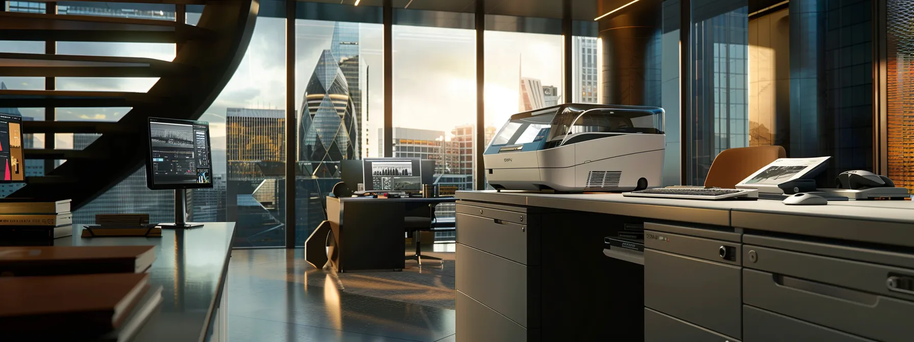 a sleek, futuristic office with cloud-based printers seamlessly managing documents for cost efficiency and productivity.