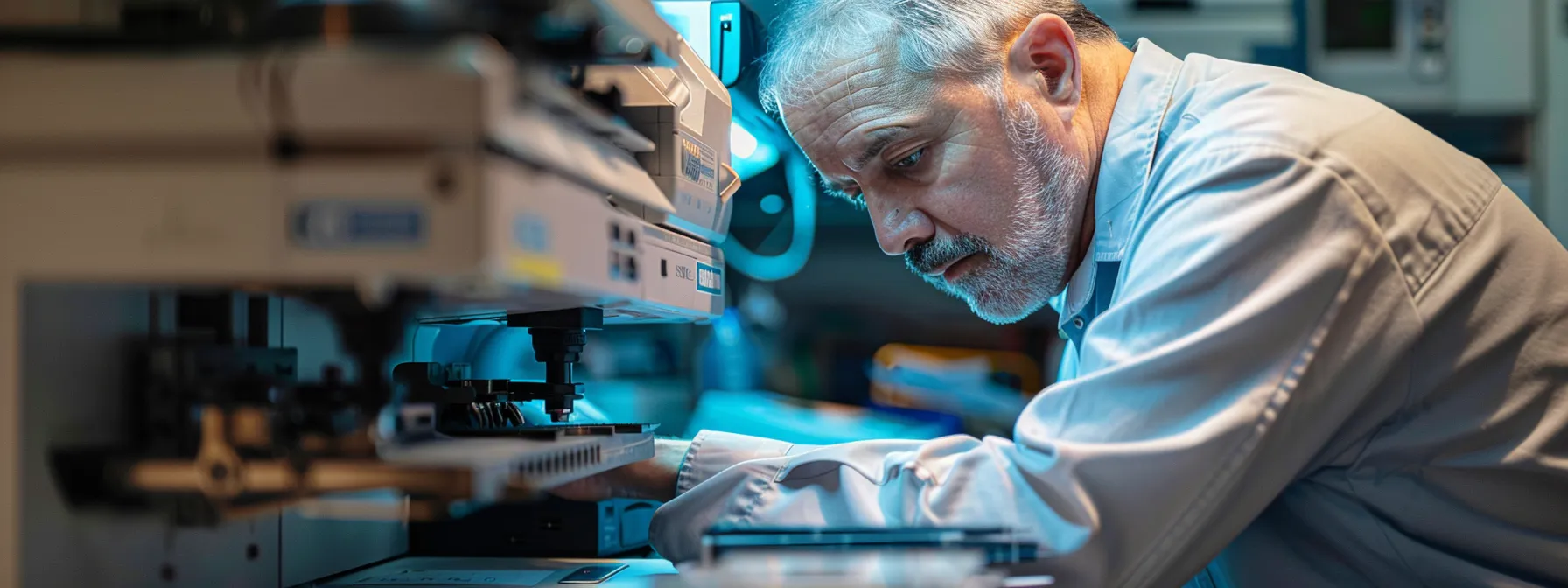 a skilled technician carefully examining a xerox machine, surrounded by various tools and diagnostic equipment, showcasing expertise and professionalism in local repair services.