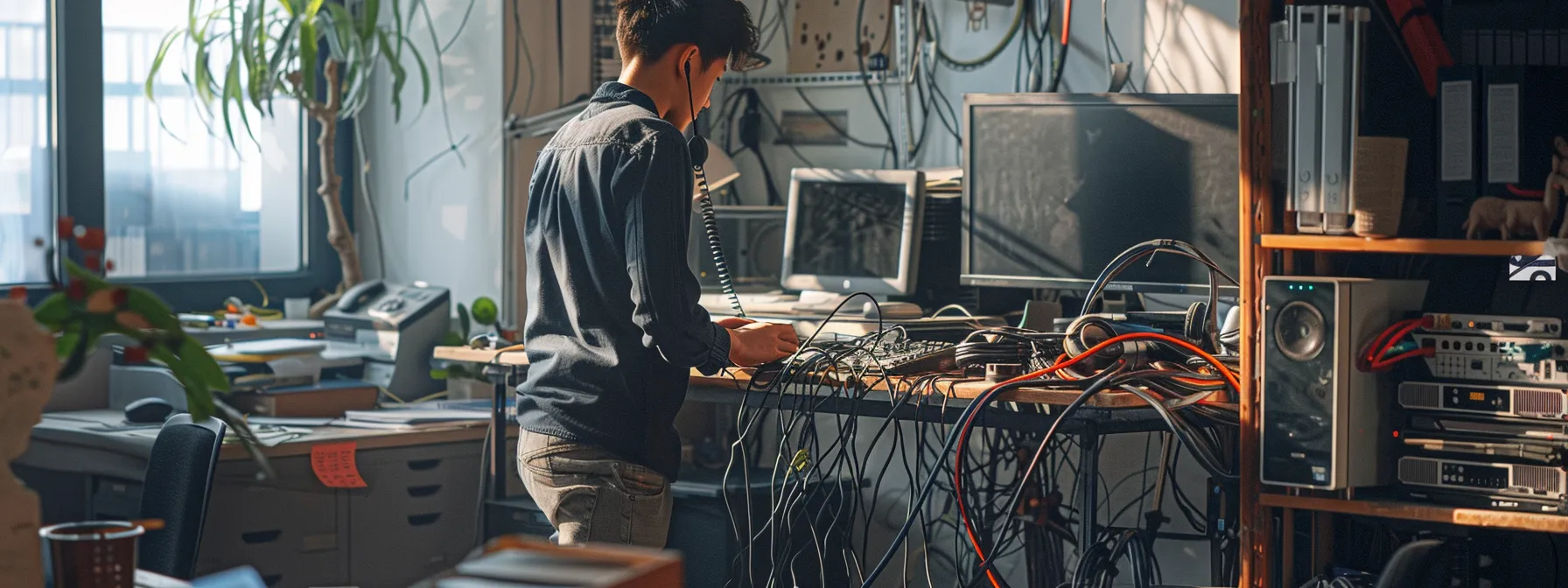 a technician carefully arranging cables and equipment in a bustling office, preparing for a new phone system installation to support remote work requirements.
