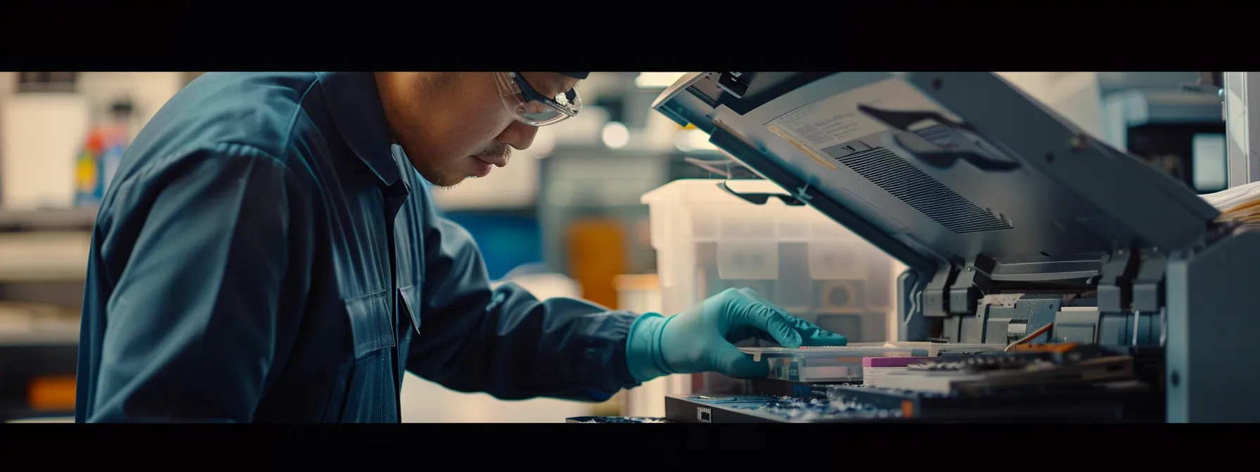 a technician carefully reinstalling a toner cartridge into a canon photocopier, surrounded by spilled toner being cleaned up to prevent further complications.