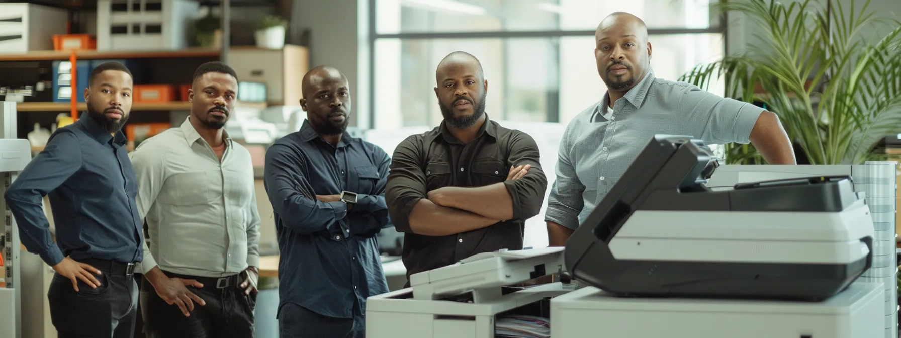 a group of technicians standing around a photocopier, showcasing competitive pricing and cost-effective servicing options.
