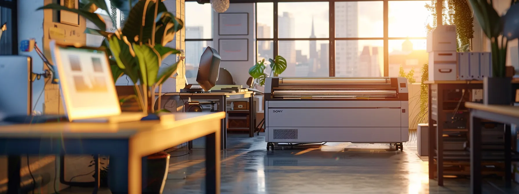 Eco-Friendly Large Format Printers: Brand Comparison Guide 13 a modern, eco-friendly large format printer in a bustling office setting, showcasing sustainability and innovation in action.
