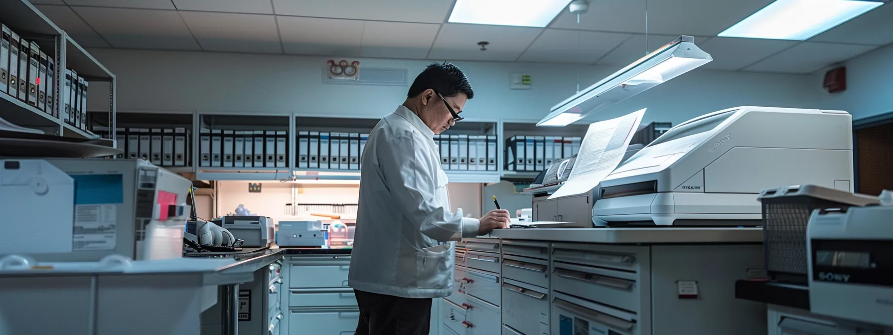 a technician meticulously inspecting a photocopier under bright overhead lights in a clean, organized workspace.