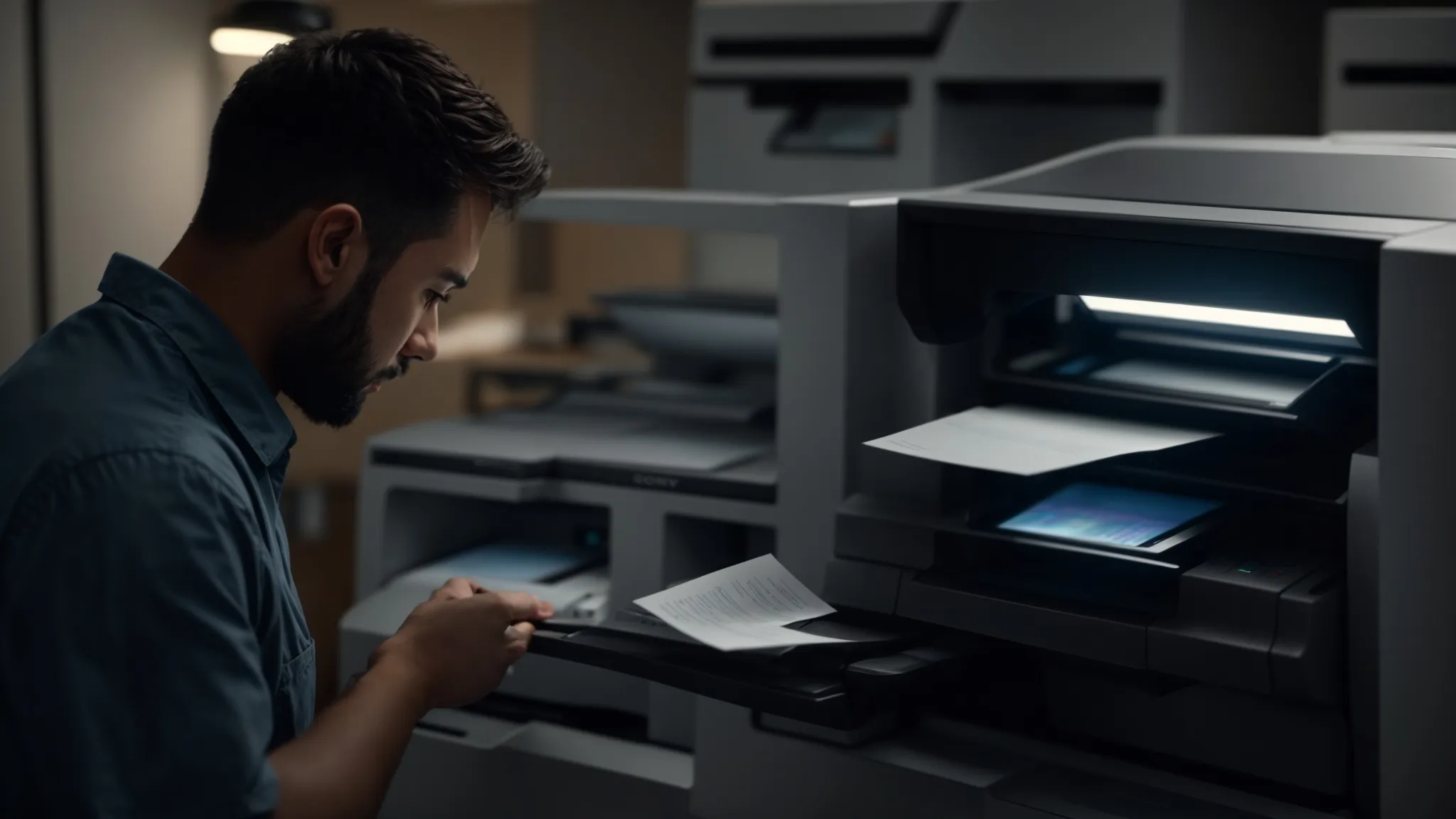 Comprehensive Guide to Photocopier Repair Service Costs 13 a technician carefully examining a photocopier with a toolkit in hand, surrounded by positive customer reviews and qualifications certificates on the wall.