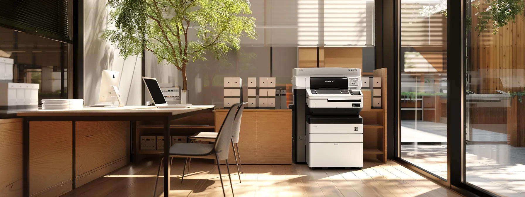 a sleek, energy-efficient printer in a well-organized office setting, surrounded by standardized supplies, showcasing an optimized print infrastructure for cost efficiency.