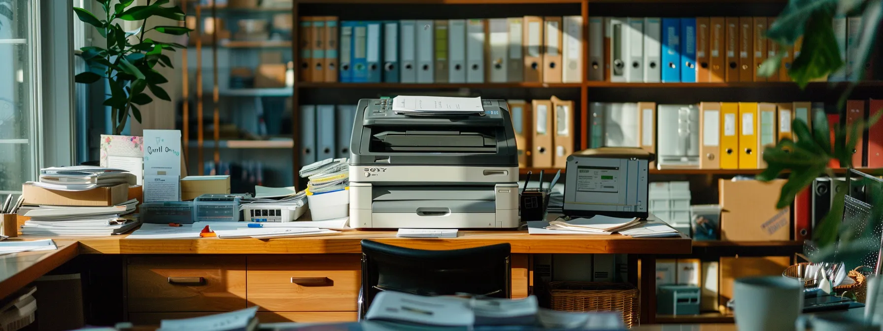 Step-by-Step Guide to Fixing Photocopier Misfeeds 13 a well-maintained photocopier surrounded by high-quality paper supplies in a clean, organized office setting.