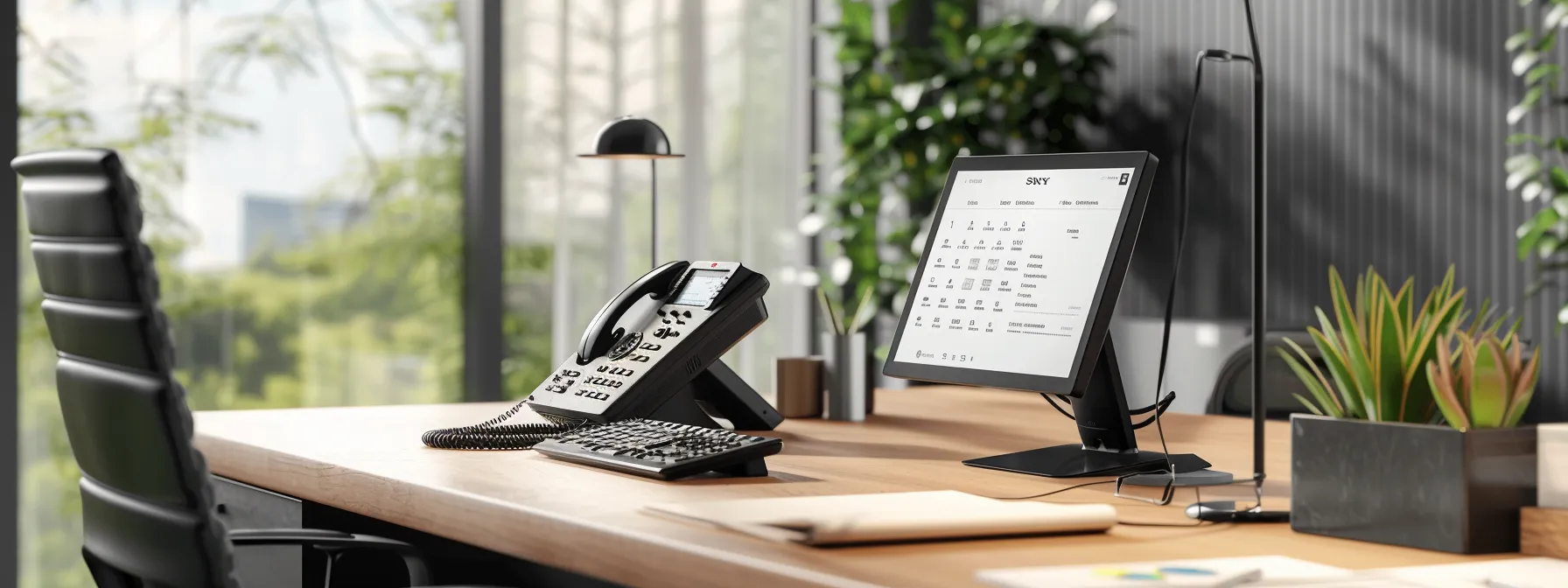a sleek and modern office desk setup showcasing a business phone system with seamless integration and advanced call management features.