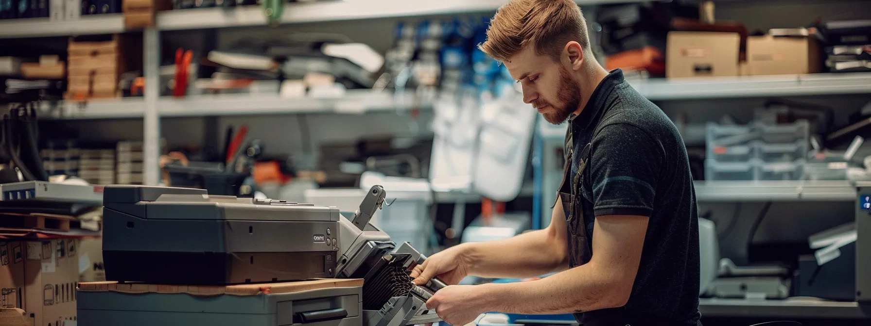 Optimize Your Office Efficiency With Flat Rate Photocopier Repair Services 11 a skilled technician working on a photocopier with a toolbox of genuine replacement parts nearby, providing comprehensive repair services for efficient office operations.