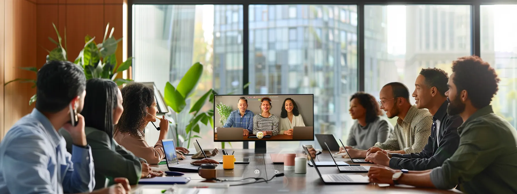 a diverse group of professionals engaged in a lively, productive phone conference around a sleek, modern conference table.