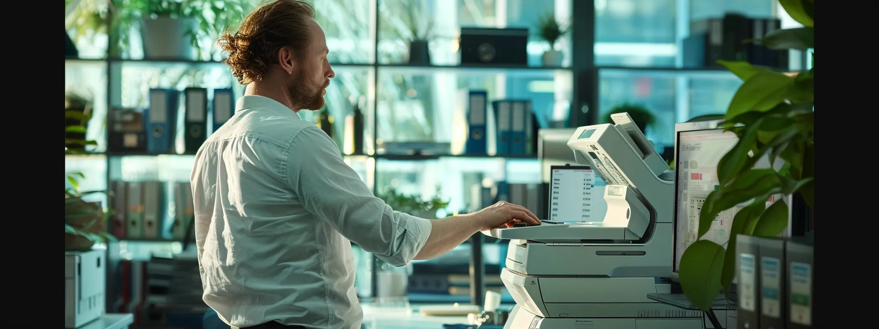 a technician meticulously adjusts network settings on a sleek, modern photocopier, surrounded by a computer screen displaying firmware updates and network configurations.