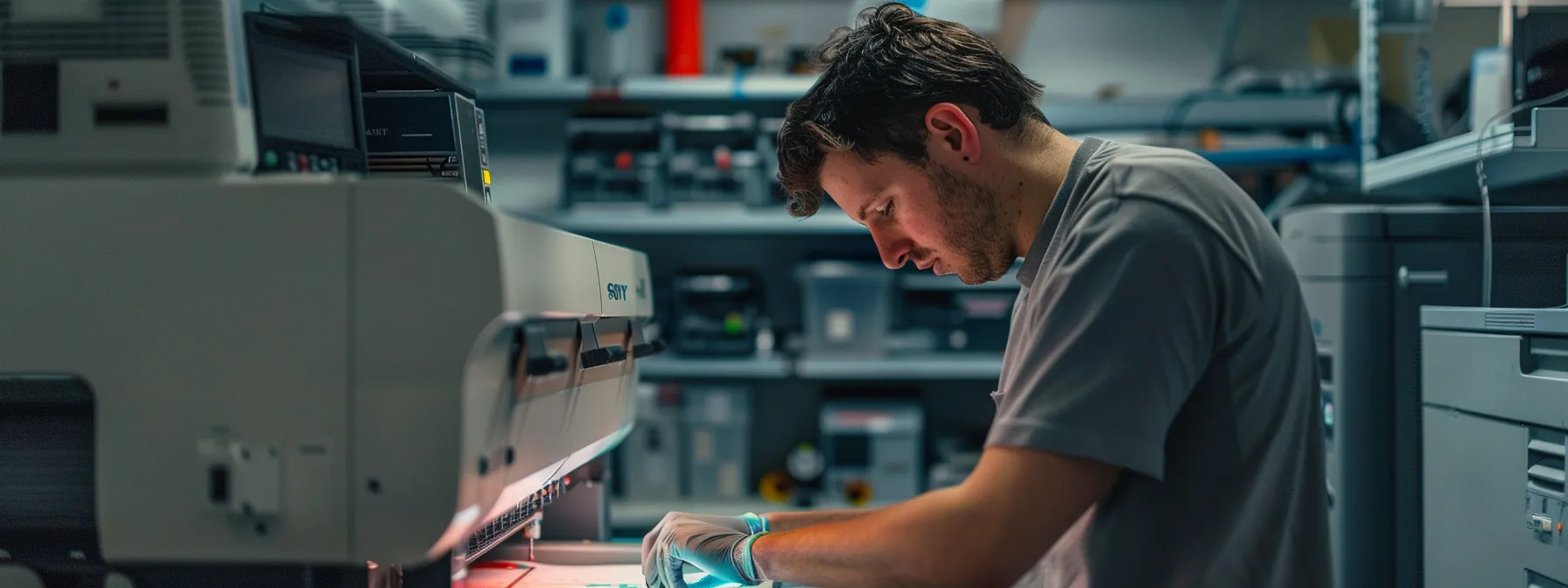 a technician carefully inspecting a printer, cleaning the print heads and checking for any potential issues, surrounded by a neat array of printer repair tools.