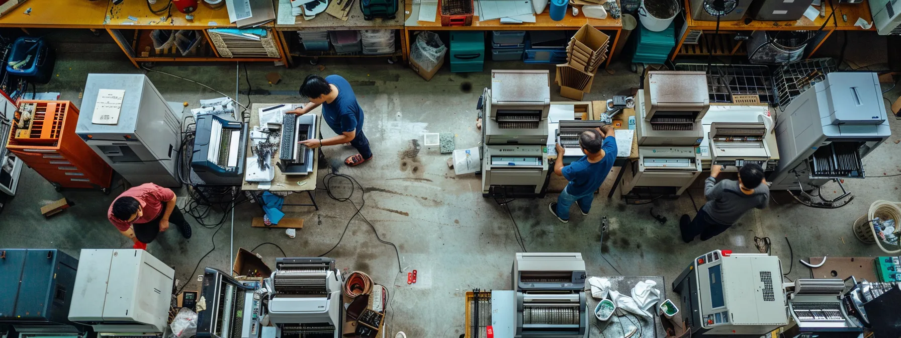 a busy repair shop with technicians of various ages and backgrounds working on a variety of photocopiers, with tools and spare parts scattered around.