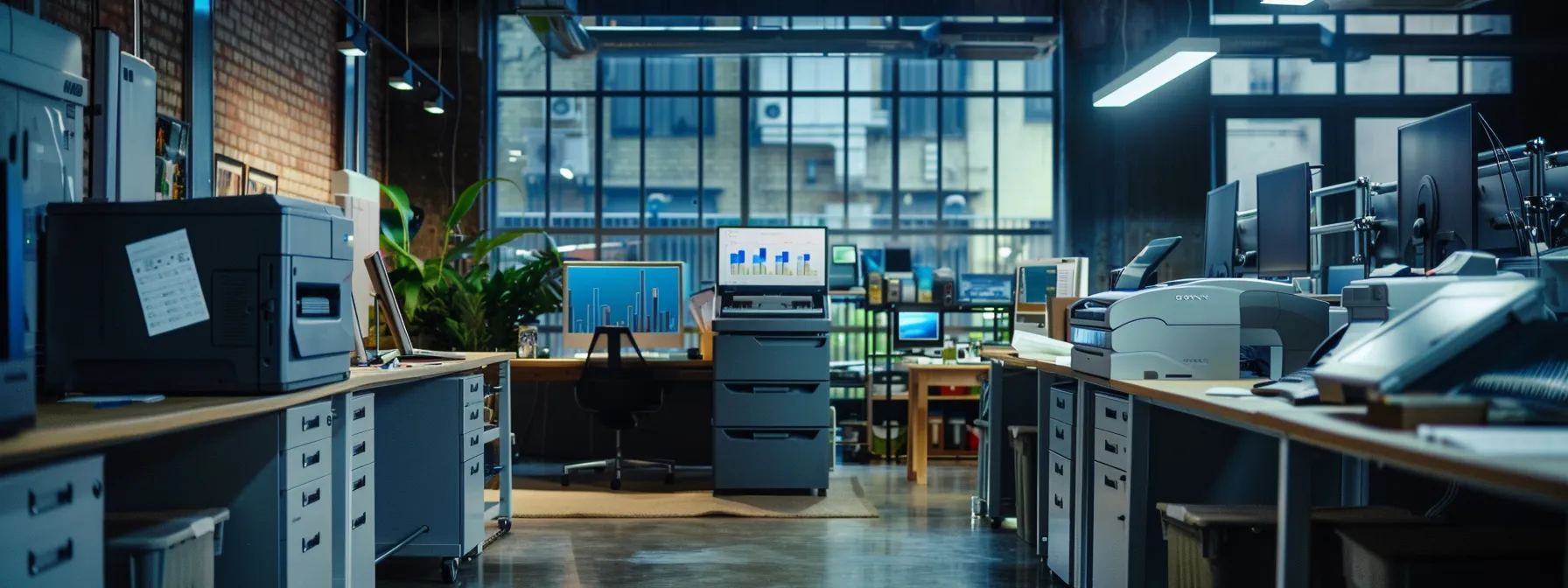 Maximizing Your Return on Investment With Managed Print Services 14 a modern office with sleek, high-tech printers and graphs displaying significant cost savings, showcasing the success of managed print services.