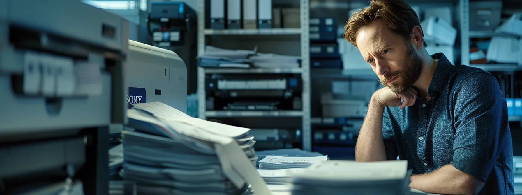 a technician inspecting a high-tech copier machine with a puzzled expression, surrounded by a stack of equipment and manuals.