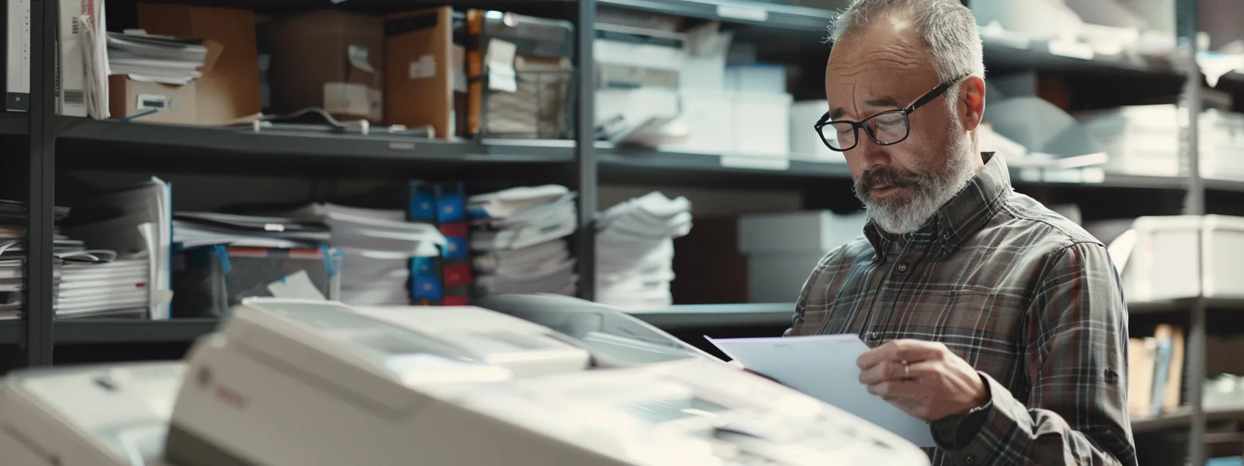 a focused business owner carefully comparing a new photocopier to their current machine, surrounded by service contract documents and a budget planner.