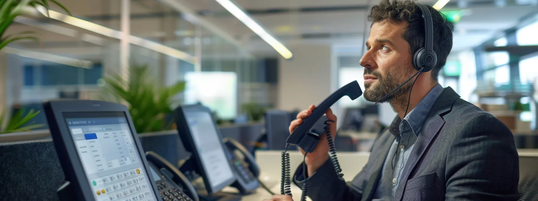 a technician carefully connecting voip phones and computer networks in a modern office setting, ensuring seamless integration and enhanced communication functionalities.