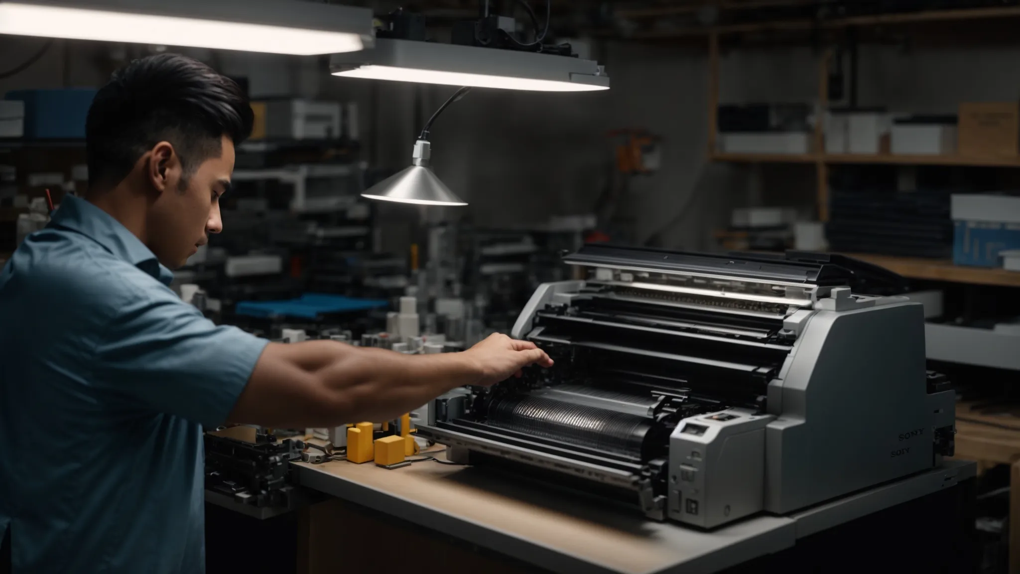 a technician meticulously repairing a photocopier, surrounded by a range of tools and spare parts on a well-lit workbench.