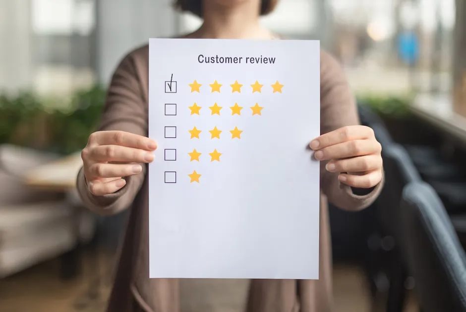How Customer Review Can Improve Office Solutions and IT Services 9 woman choosing with tick five star rating customer review