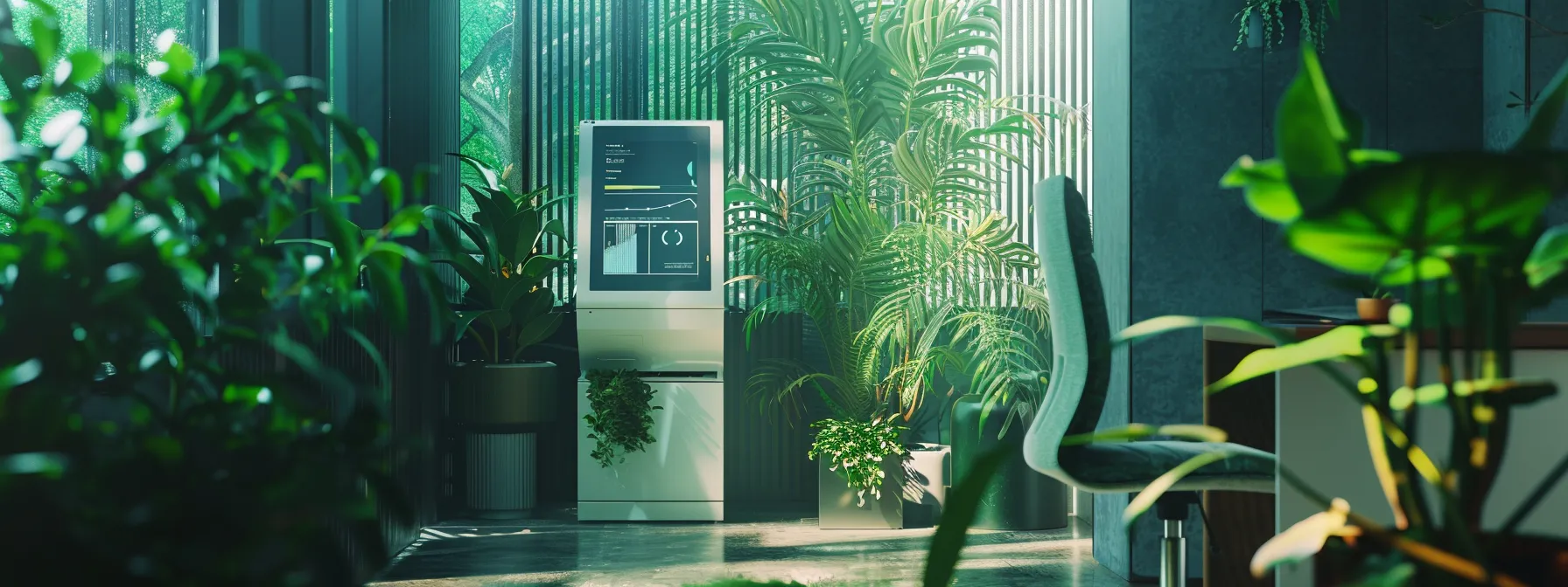 Enhancing Eco-Friendly Printing Through Managed Print Services 14 a modern office setting with a sleek mps machine monitoring and displaying environmental metrics, surrounded by green plants and eco-friendly office supplies.