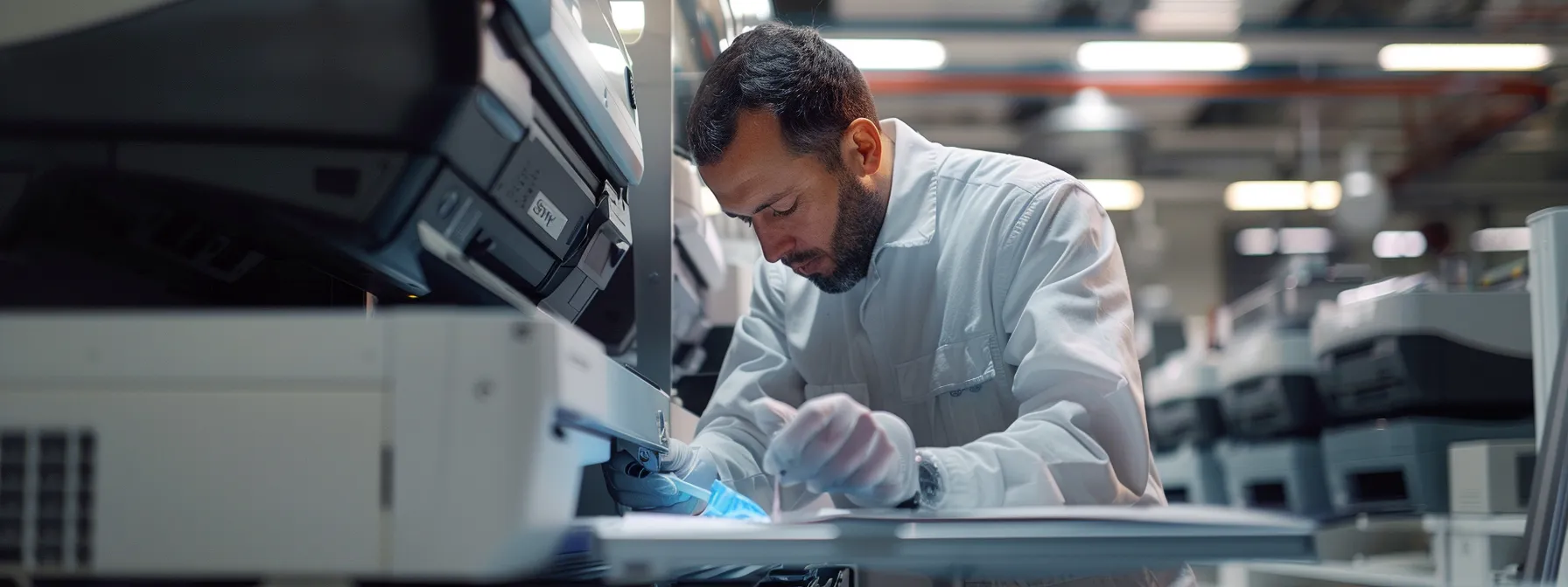 a skilled technician meticulously inspecting and cleaning a high-performance photocopier during routine maintenance.