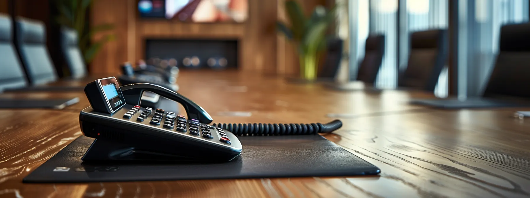 a conference room table with a sleek voip phone system, sip trunking capabilities, and avaya's unified communications solutions integrated, symbolizing strategic business communication planning for future growth.
