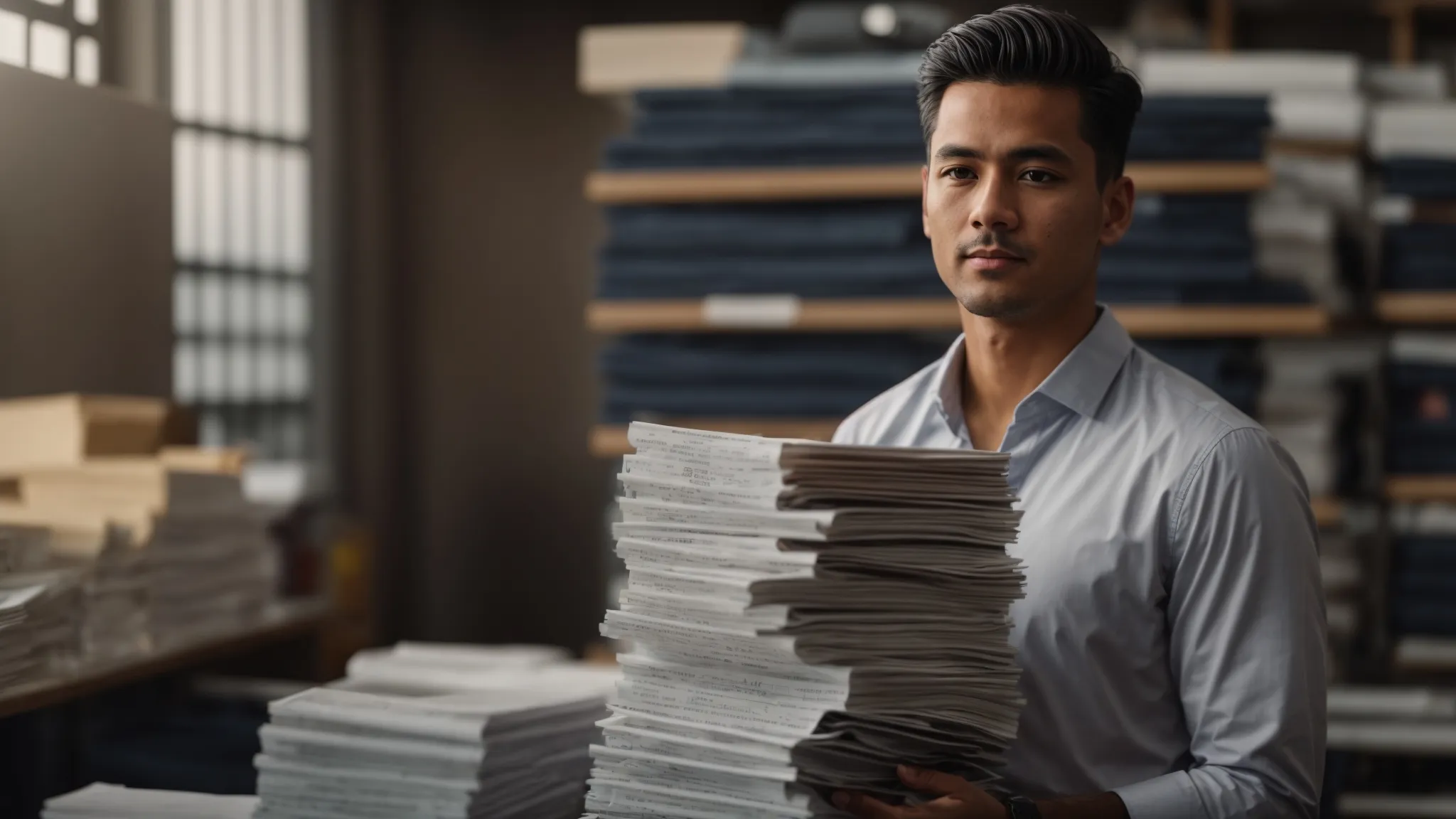 a business owner standing confidently with a stack of detailed repair requests in hand, ready to negotiate competitive quotes from reliable service providers.