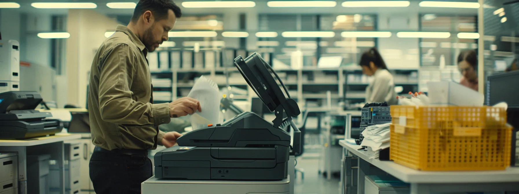 Comprehensive Guide to Photocopier Repair Service Costs 14 a tidy office with a technician performing preventative maintenance on a modern photocopier, surrounded by a team of attentive employees learning proper use techniques.