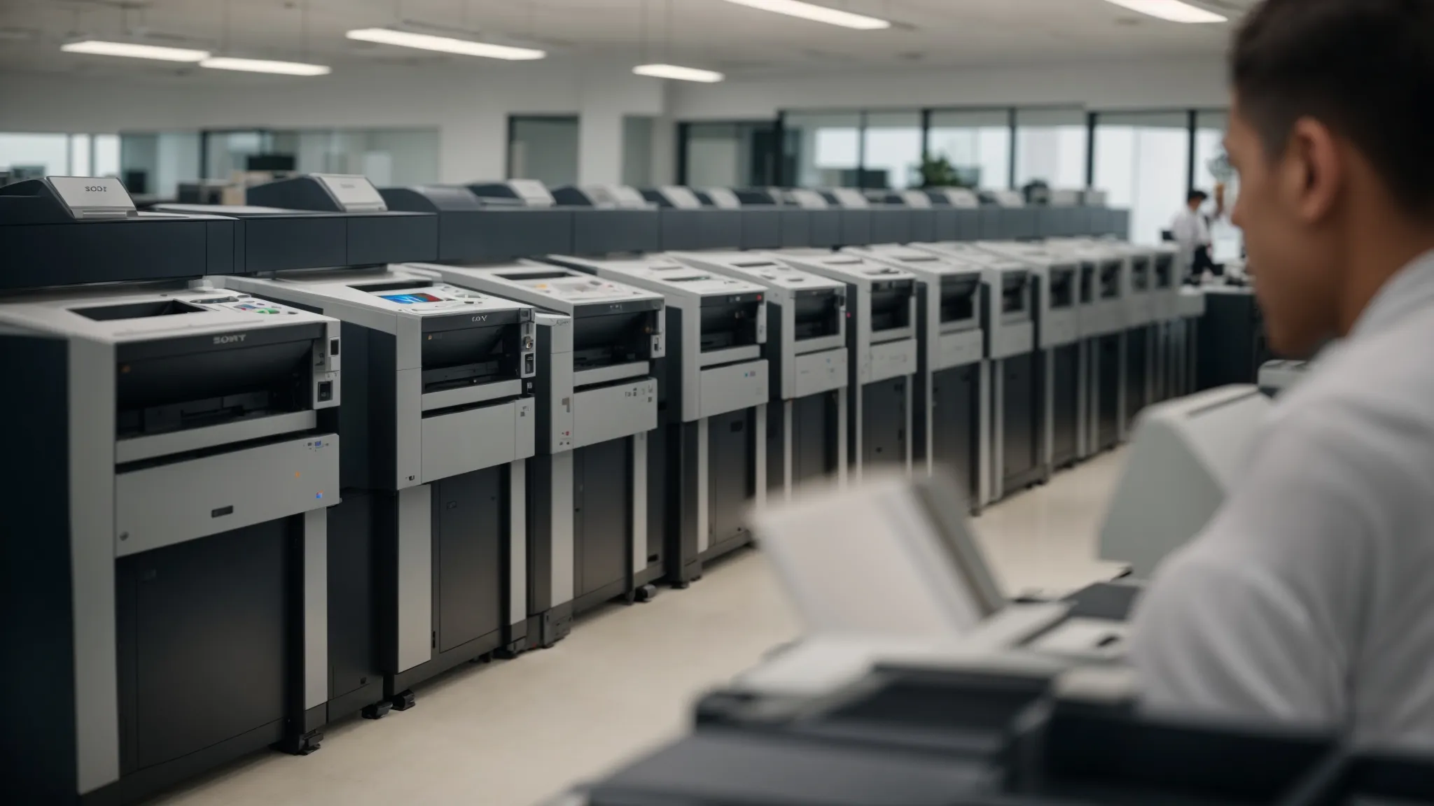 a diverse row of modern photocopiers lined up in a spacious office, with technicians in branded uniforms working efficiently to repair them.
