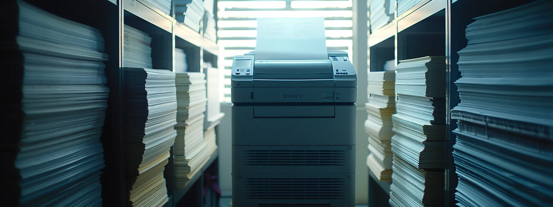 a sleek, modern photocopier model with advanced technology and a user-friendly interface, surrounded by stacks of neatly organized paper, symbolizing efficiency and reliability in avoiding paper jams.