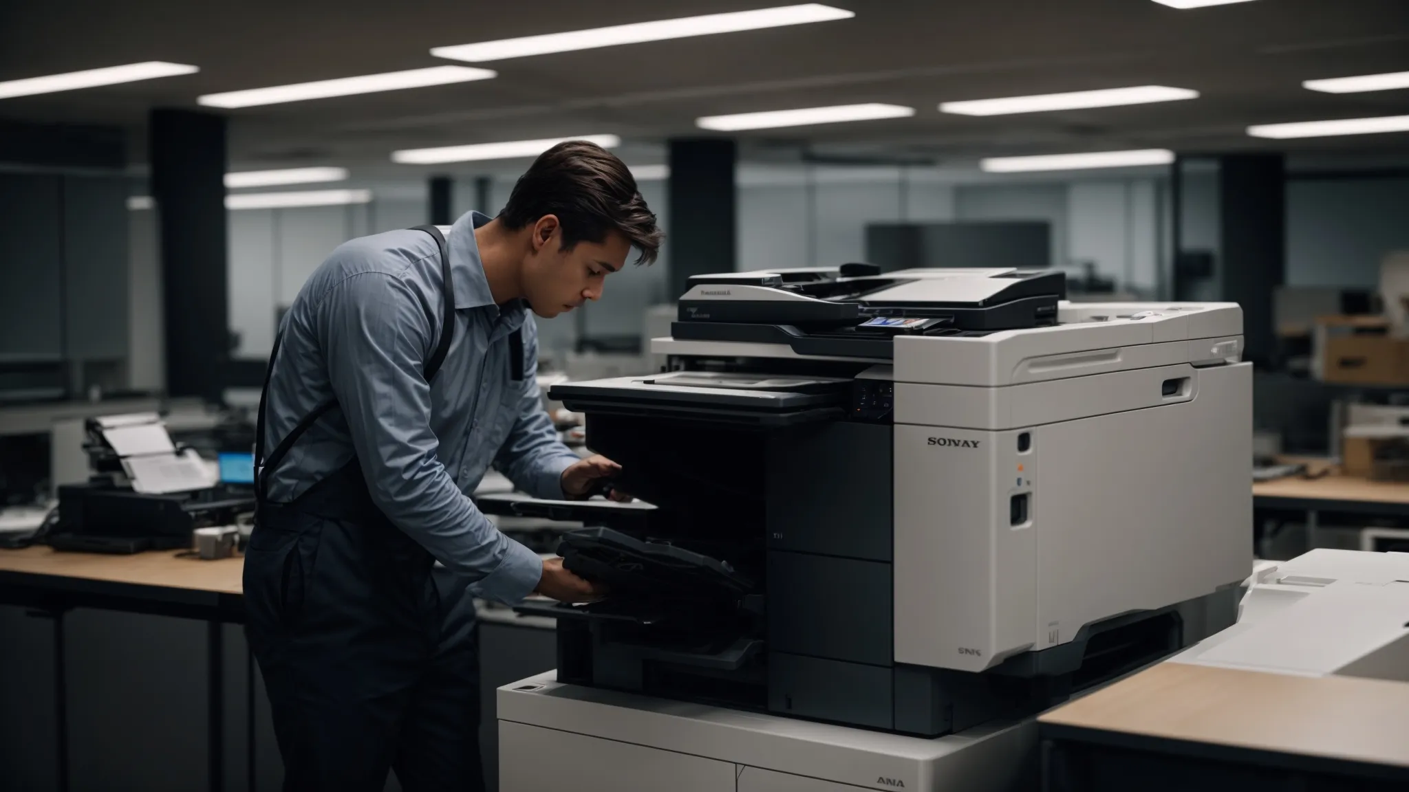 Comprehensive Guide to Photocopier Repair Service Costs 9 a technician repairing a photocopier with advanced tools and equipment in a well-lit office setting.