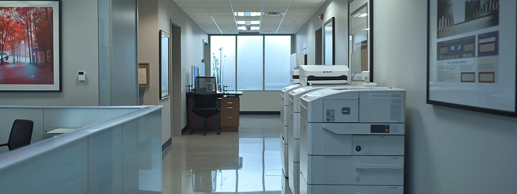 a sleek, modern office with a centralized printer station, showcasing streamlined and efficient print management practices for maximizing cost savings.