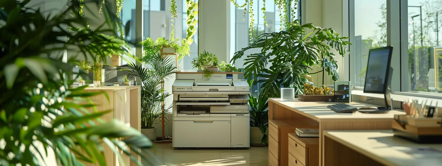 Enhancing Eco-Friendly Printing Through Managed Print Services 10 a serene office setting with a sleek, energy-efficient printer surrounded by vibrant green plants, showcasing the harmonious balance between technology and sustainability.