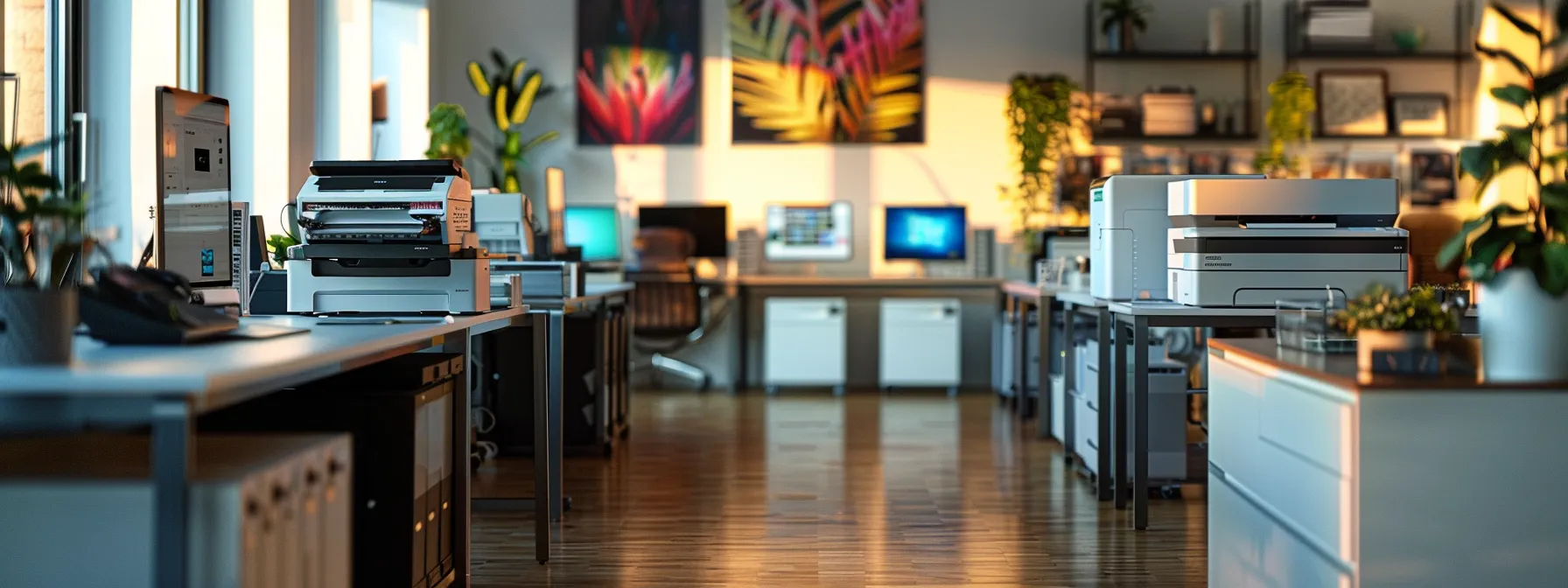 Discovering the Most Reliable Large Format Printer Brands 10 a lineup of sleek, high-tech large format printers from top brands a, b, and c, each exuding reliability and performance in a professional workspace.