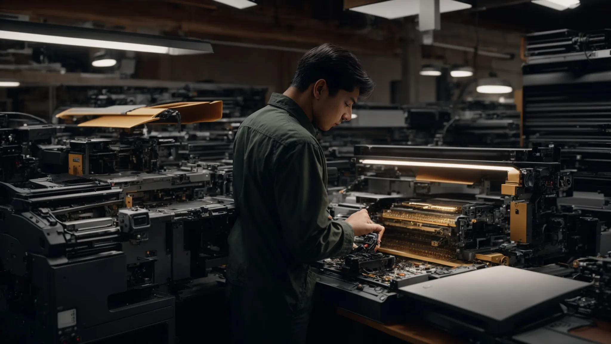 a broken photocopier surrounded by repair tools and a technician analyzing the machine's internal components.