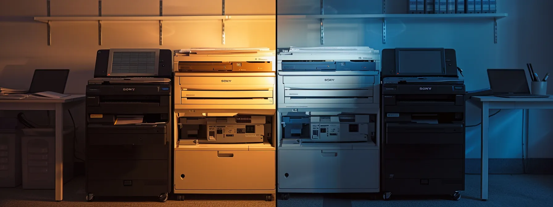 a sleek, modern copier with advanced features sitting next to an outdated, malfunctioning copier, showing the decision between repair and replacement.