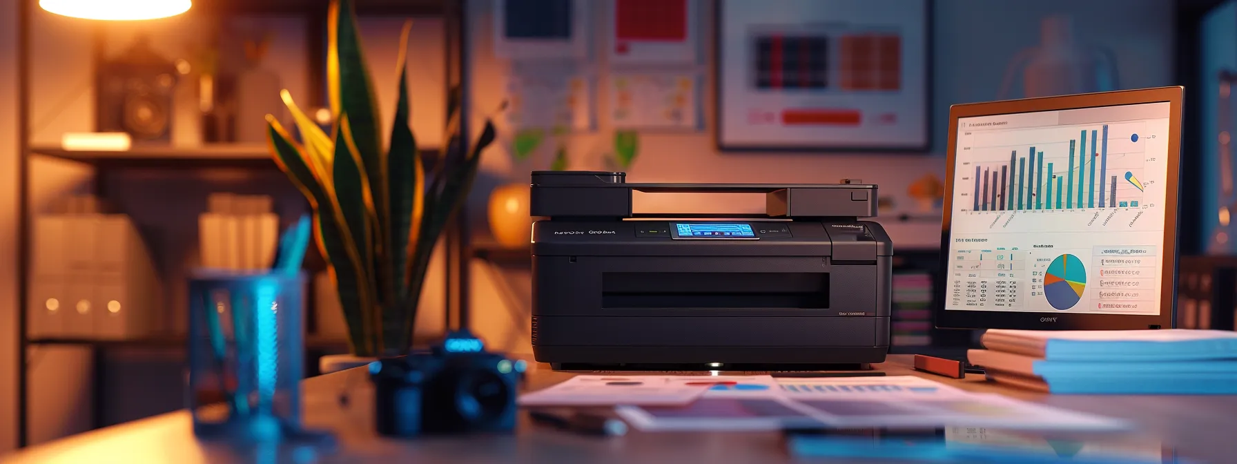 a sleek, modern office printer surrounded by financial reports and graphs, symbolizing the impact of managed print services on financial performance.