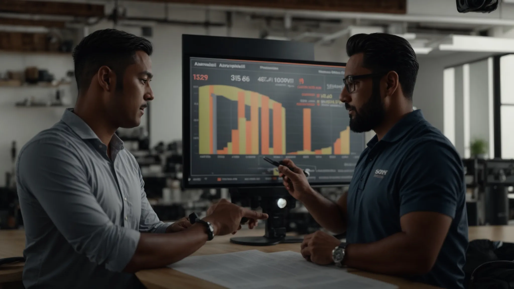 a business owner confidently presenting a competitive pricing chart to a repair service provider during negotiations.