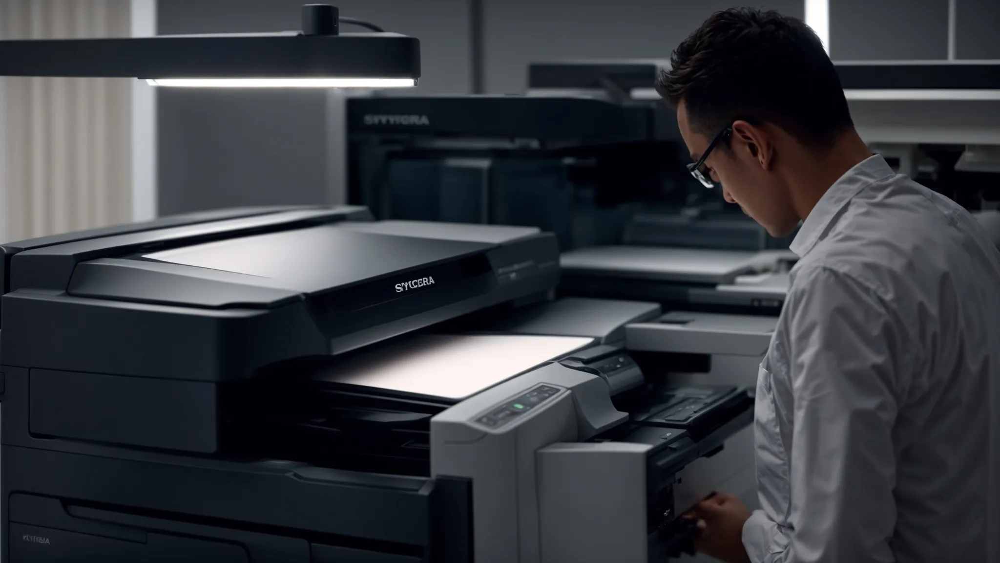 Kyocera Photocopier Repair Manual: A Comprehensive Guide 13 a technician carefully cleaning and optimizing a kyocera photocopier in a well-lit office setting.