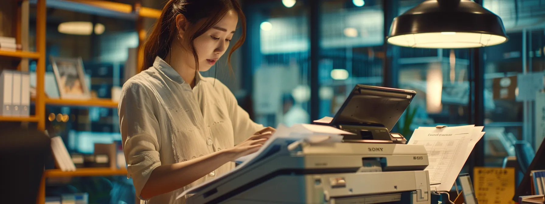 Optimize Your Office Efficiency With Flat Rate Photocopier Repair Services 10 a focused office worker effortlessly making copies on a high-performance photocopier, surrounded by a clutter-free workspace, exuding productivity and efficiency.