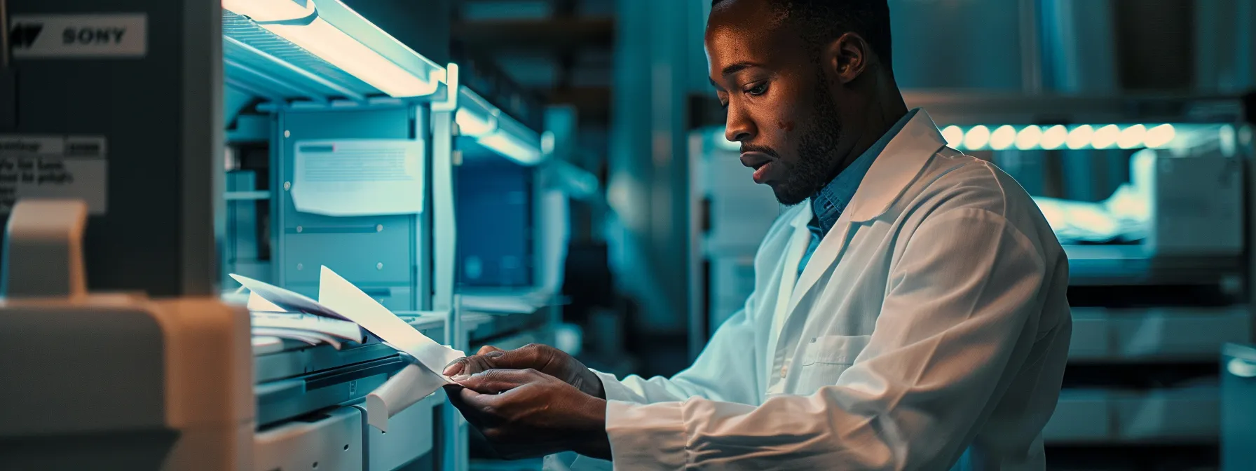 a technician carefully removing jammed paper from a photocopier with focused determination.