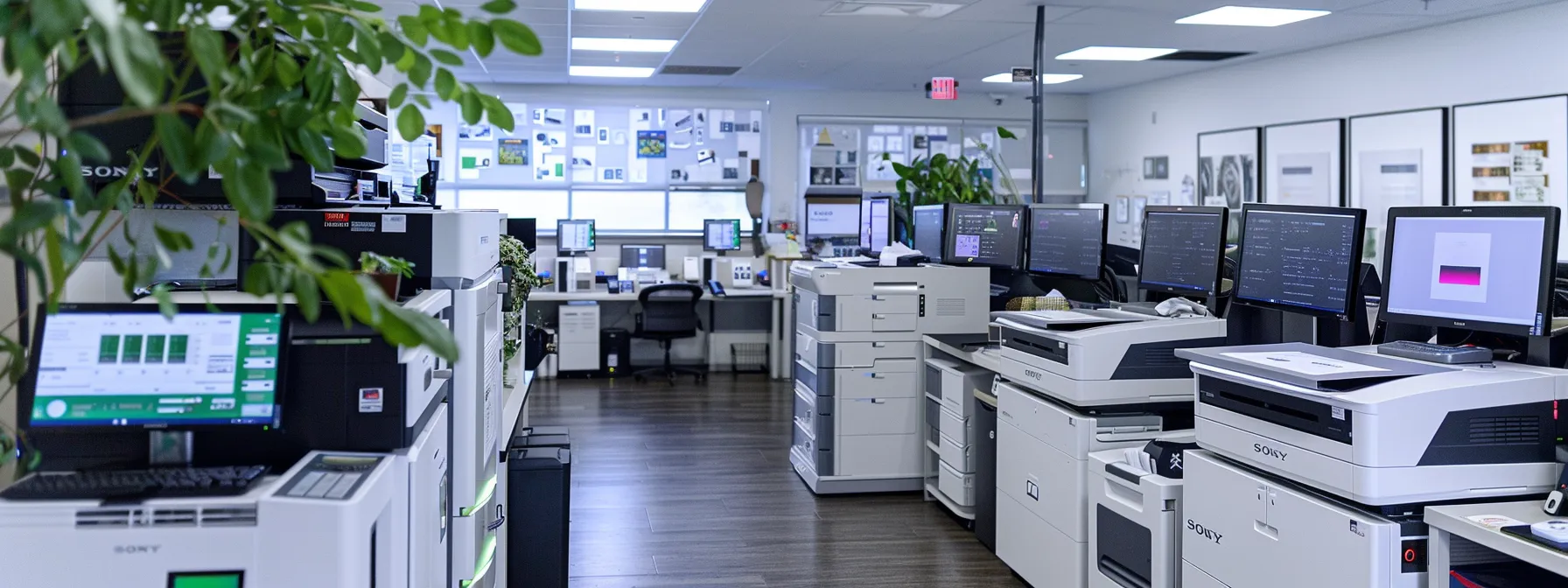 Maximize Savings With Strategic Managed Print Efficiencies 3 a printer room with modern, energy-efficient devices and digital screens displaying print policies and digital alternatives to maximize savings and operational efficiency.