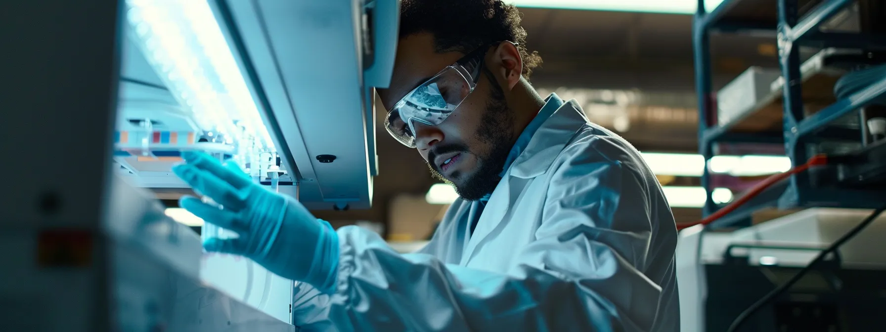 Step-by-Step Guide to Fixing Photocopier Misfeeds 10 a technician wearing safety goggles and gloves carefully powers down a photocopier to avoid electrical hazards.