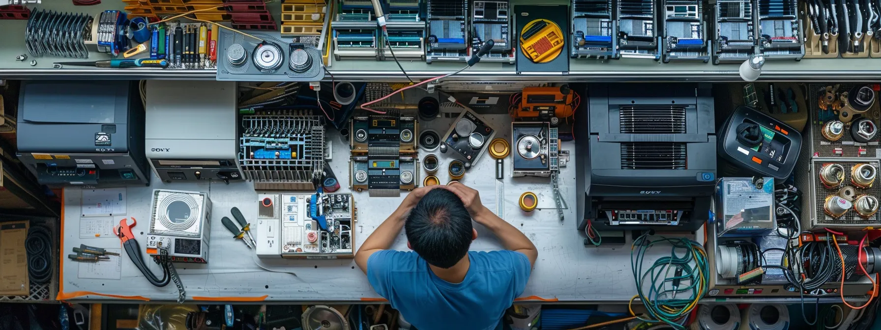 Optimize Your Office Efficiency With Flat Rate Photocopier Repair Services 12 a skilled technician surrounded by a variety of tools and equipment, diligently repairing a photocopier.