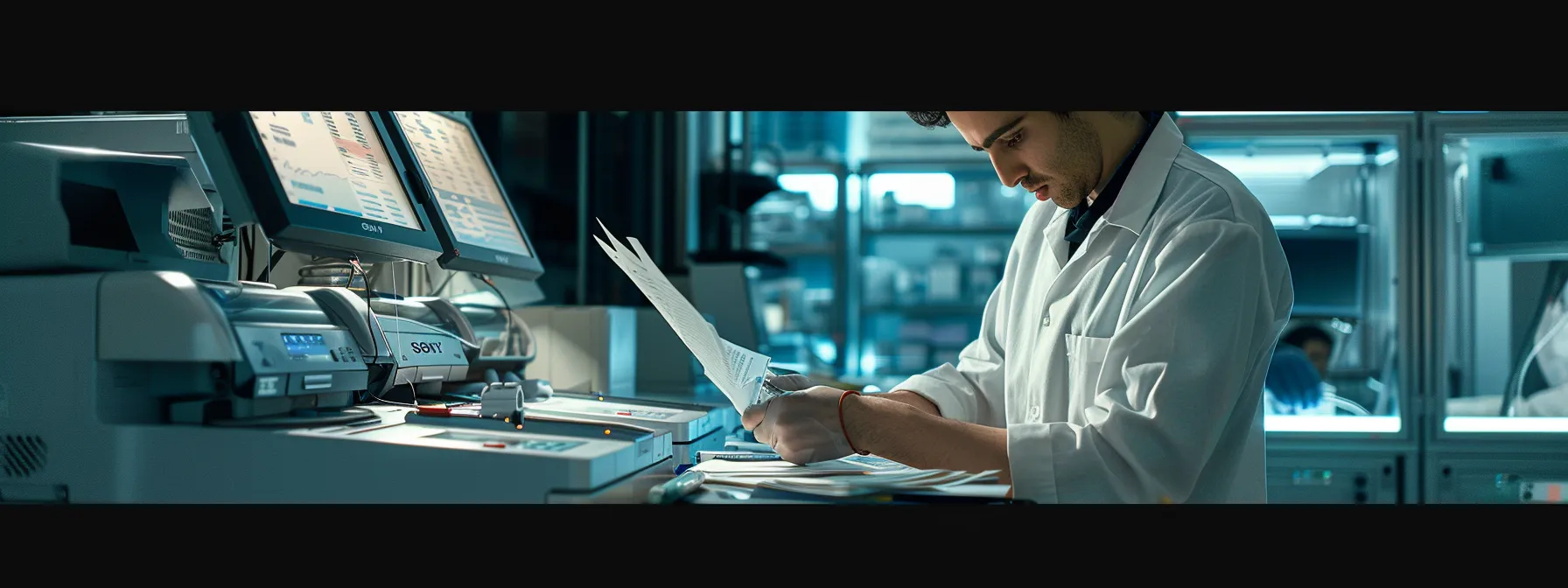 Step-by-Step Guide to Fixing Photocopier Misfeeds 14 a technician examining a photocopier with error messages flashing on the screen, surrounded by tools and maintenance equipment.