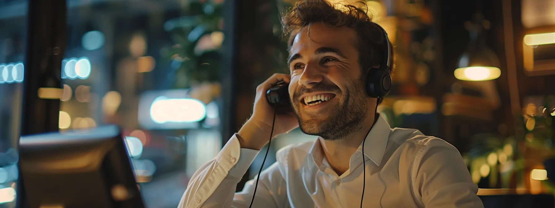Choosing the Right Cloud-Based Phone System for Your Small Business 12 a small business owner smiling and answering a call on a sleek cloud phone system, with advanced features like call waiting and intercom displayed on a digital screen.
