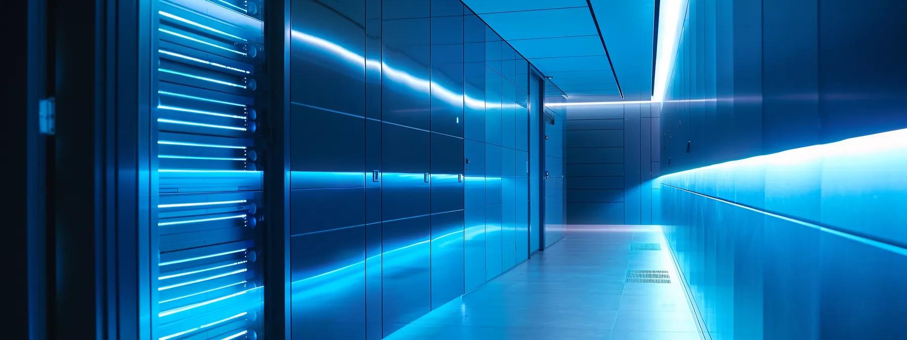 What is patch management? Lifecycle, benefits and best practices 9 a sleek, modern server room illuminated by cool blue led lights, showcasing rows of advanced technology racks, symbolizing efficient patch management in a high-tech environment.